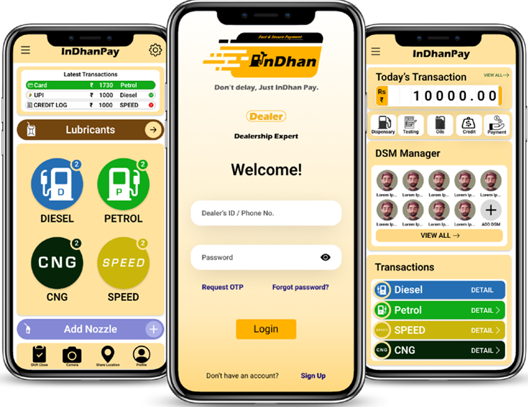 Three smartphone screens of InDhanPay App,display DSM's login , nozzle lubricant info,home screens with each employee detail